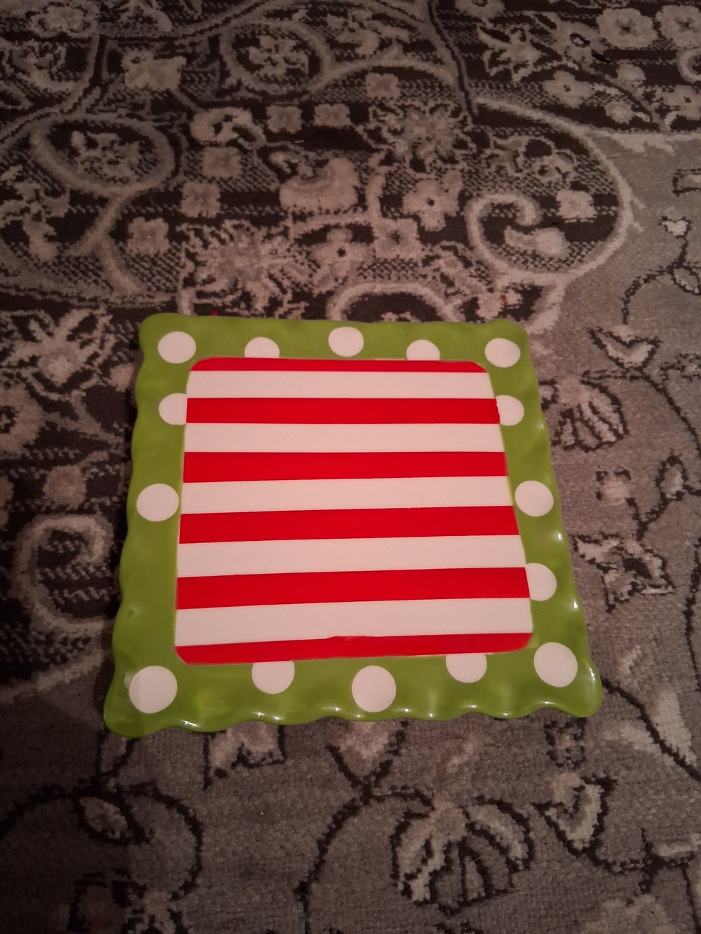 Mud Pie Green, Red and White Holiday Striped Dot Square Platter